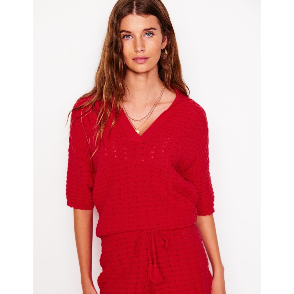 Boden | Collared Henley Knit Short Sleeve Sweater Strawberry Tart Red Large‎